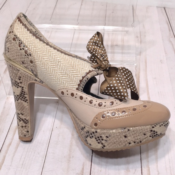 Poetic Licence Foolproof Oxford tan heel platform sexy bow retro sz 6 - Picture 2 of 14